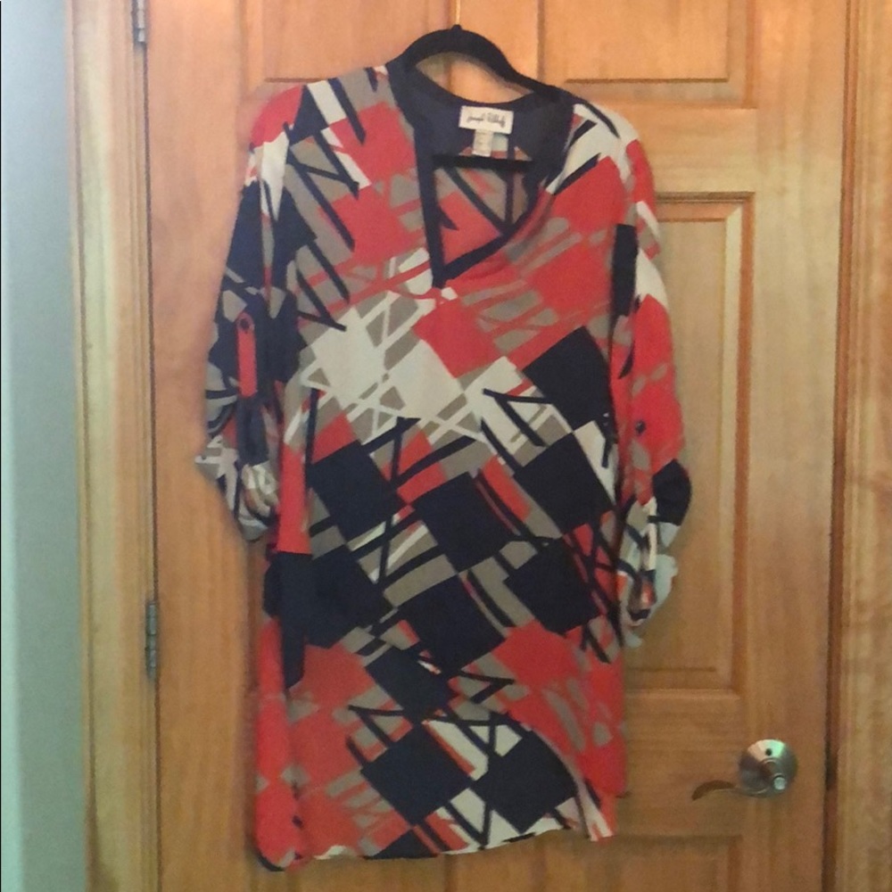 Joseph Ribkoff tunic 10 navy tan orange V-neck